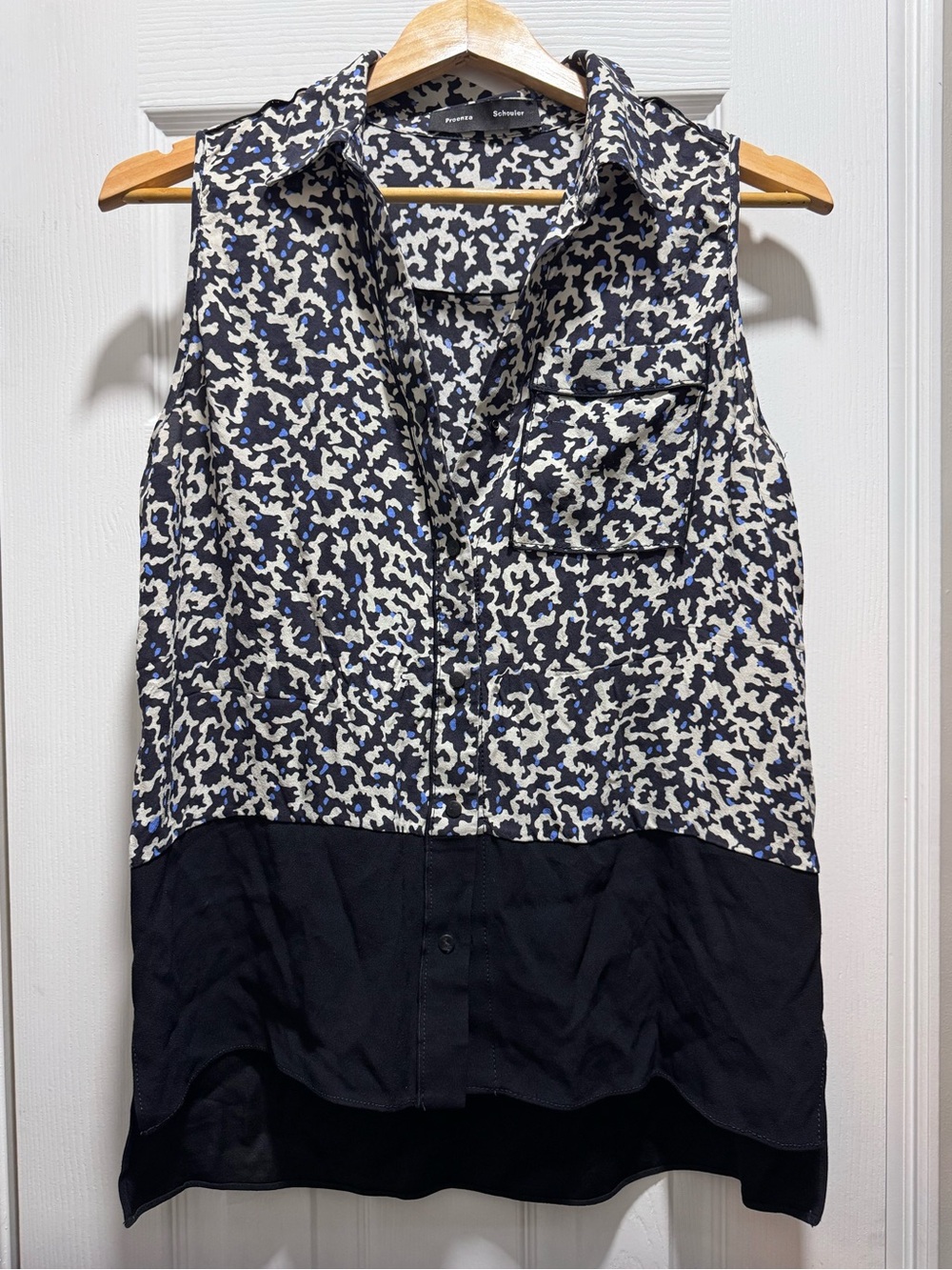 100% Silk Sleeveless SplitHem Blouse Black White Blue geometric Proenza Schouler